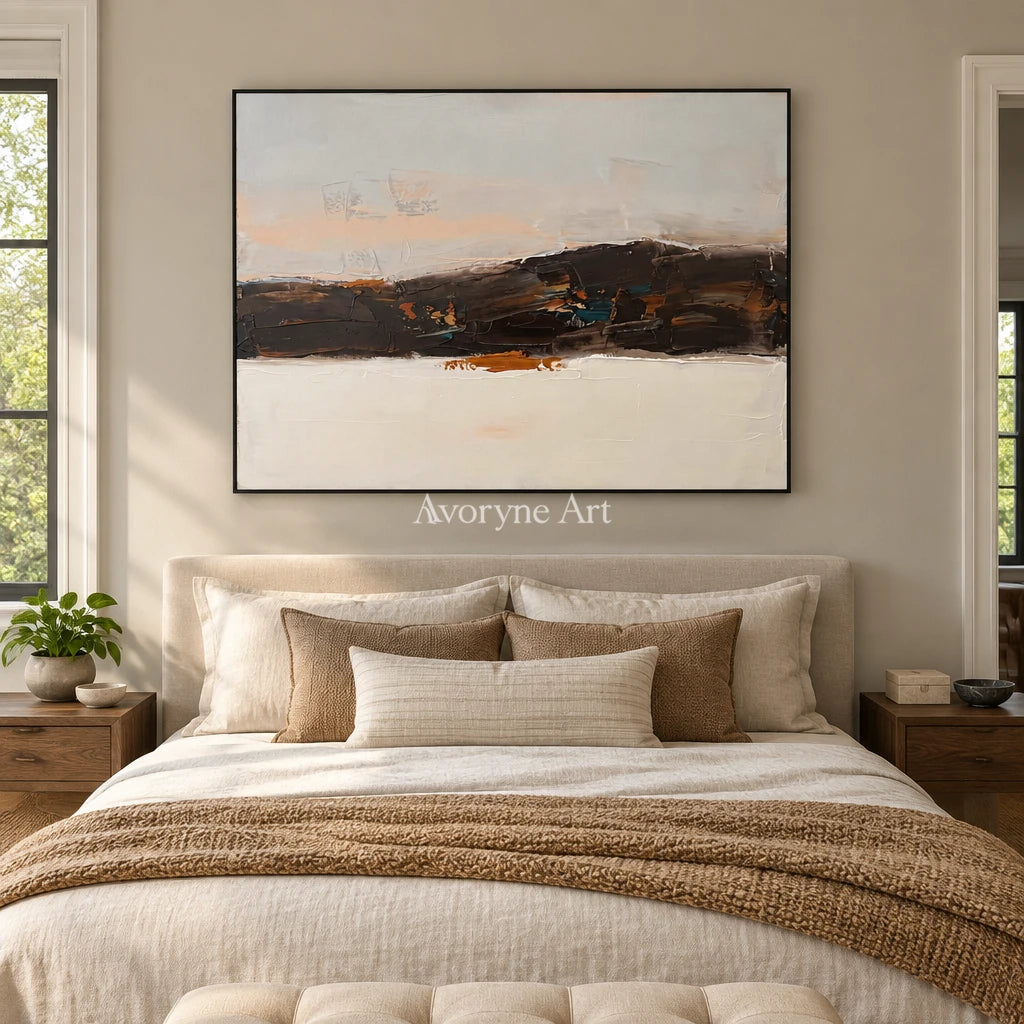Blue Trace minimal landscape wall art with a black frame above a bed in a bedroom