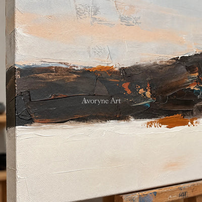 Close-up of the hand-painted texture of Blue Trace minimal landscape wall art on an easel