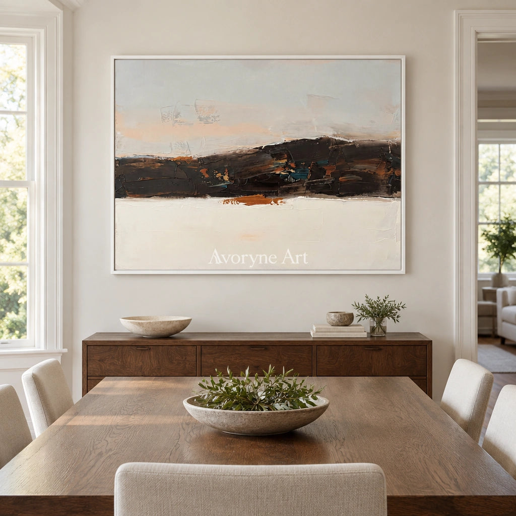 Blue Trace minimal landscape wall art with a white frame in a dining room