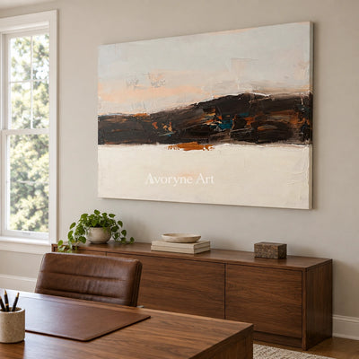 Blue Trace minimal landscape wall art as a frameless stretched canvas in a home office