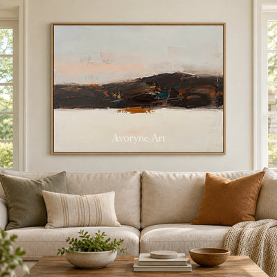 Blue Trace minimal landscape wall art with a wood frame in a villa living space