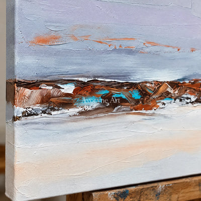 Close-up of the hand-painted texture of Blue Reverberation minimal landscape wall art on an easel