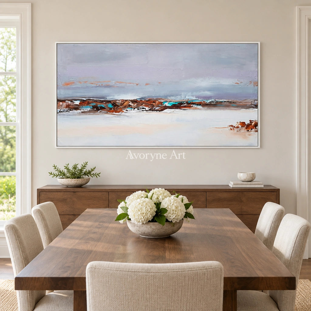 Blue Reverberation minimal landscape wall art with a white frame in a dining room