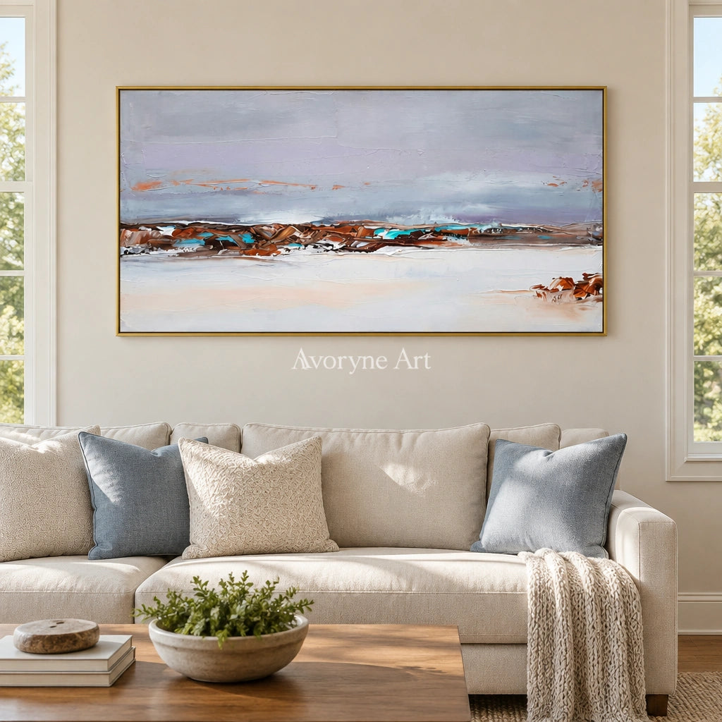 Blue Reverberation minimal landscape wall art with a gold frame hanging in a living room