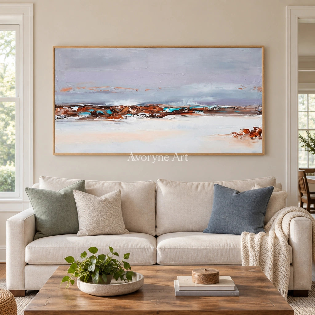 Blue Reverberation minimal landscape wall art with a wood frame in a villa living space