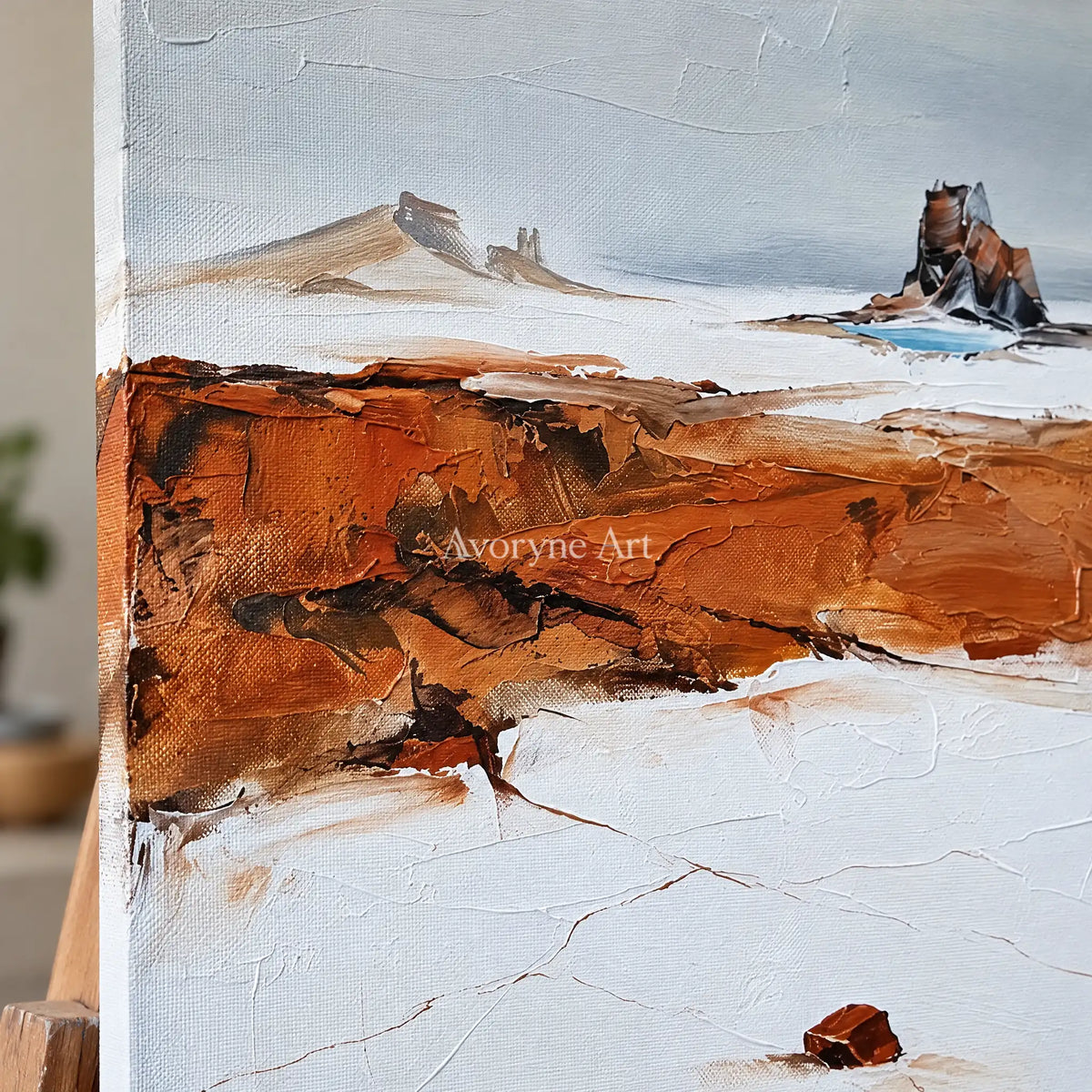 Close-up of the hand-painted texture of Pale Reverie minimal landscape wall art on an easel