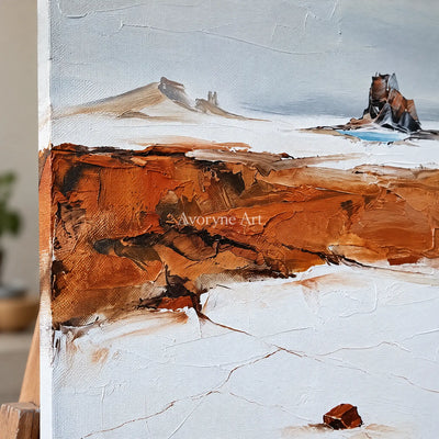 Close-up of the hand-painted texture of Pale Reverie minimal landscape wall art on an easel