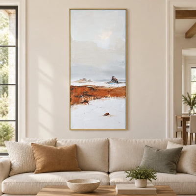 Pale Reverie minimal landscape wall art with a gold frame hanging in a living room