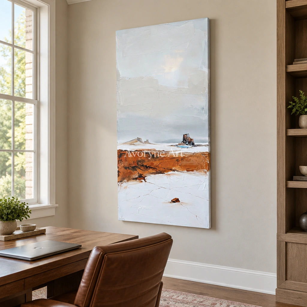 Pale Reverie minimal landscape wall art as a frameless stretched canvas in a home office