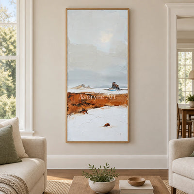 Pale Reverie minimal landscape wall art with a wood frame in a villa living space