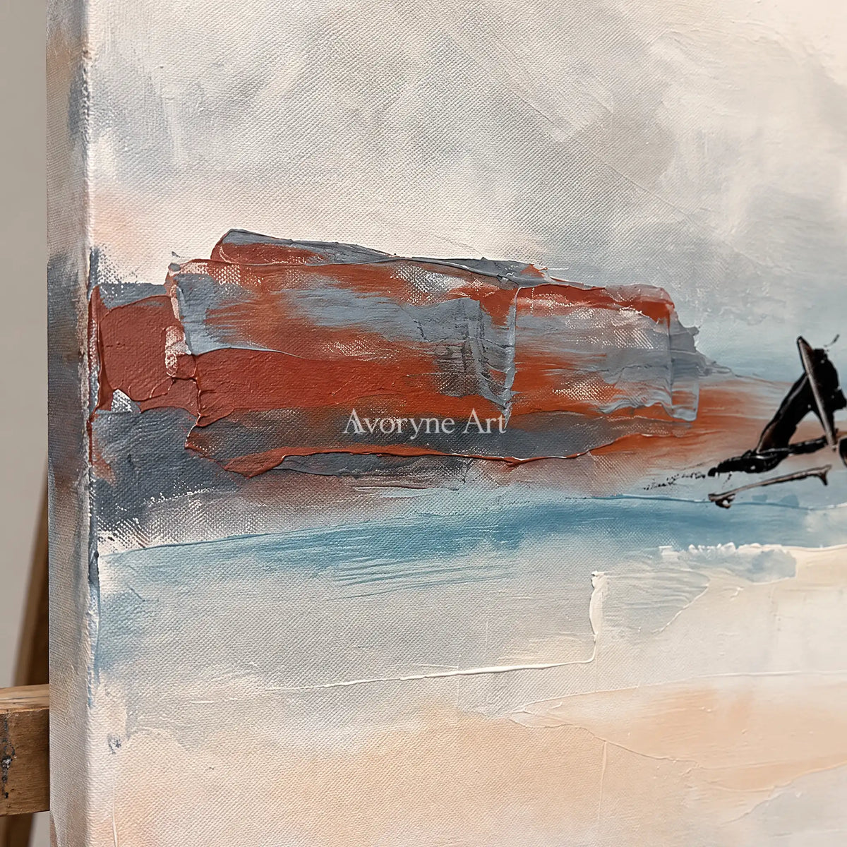 Close-up of the hand-painted texture of Pale Echo minimal landscape wall art on an easel