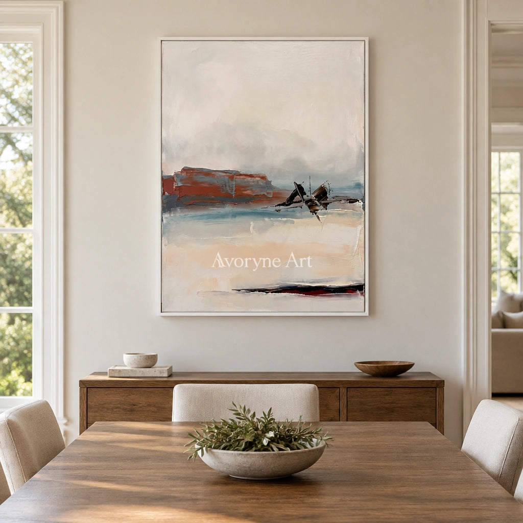 Pale Echo minimal landscape wall art with a white frame in a dining room