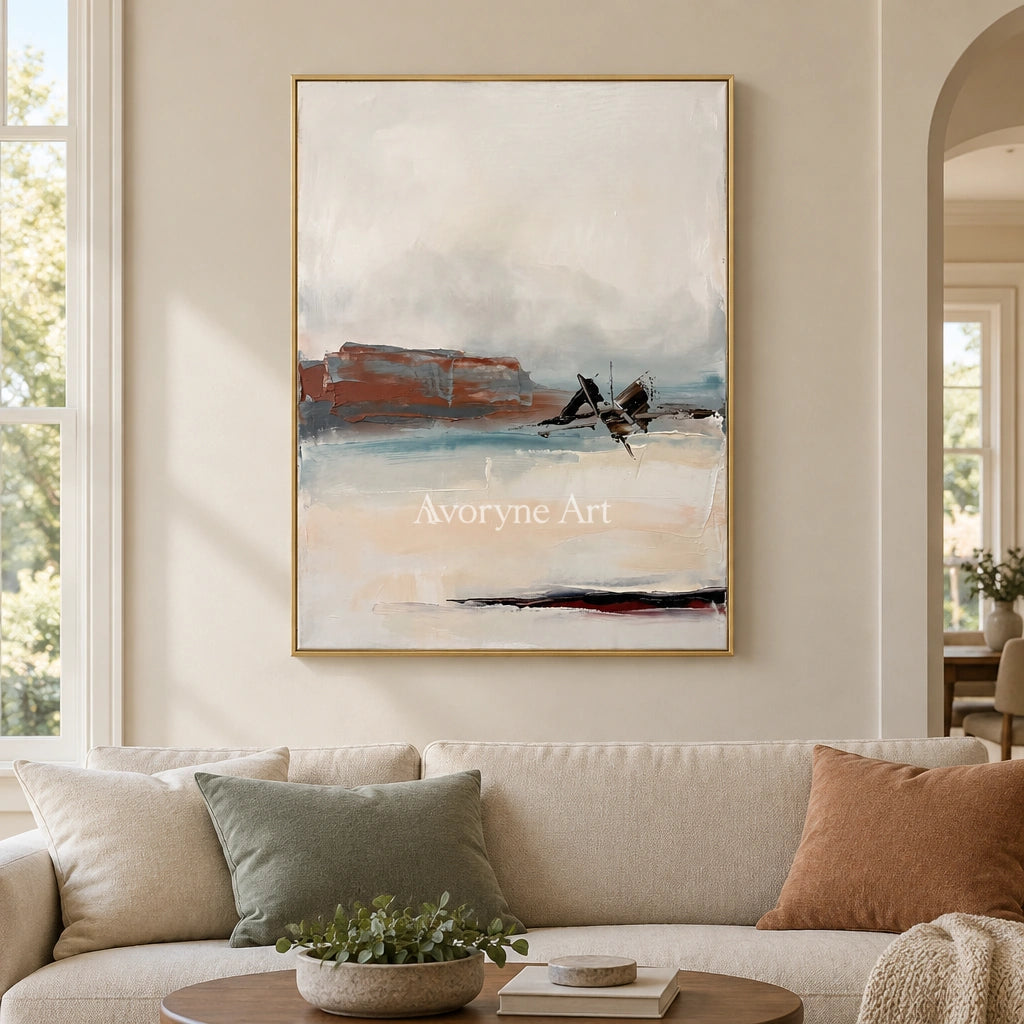 Pale Echo minimal landscape wall art with a gold frame hanging in a living room