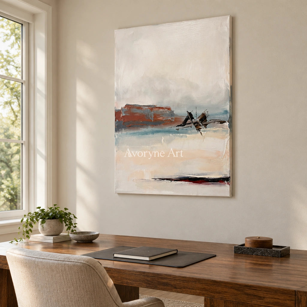 Pale Echo minimal landscape wall art as a frameless stretched canvas in a home office