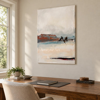 Pale Echo minimal landscape wall art as a frameless stretched canvas in a home office