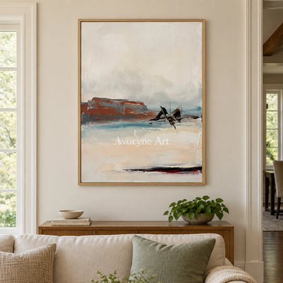 Pale Echo minimal landscape wall art with a wood frame in a villa living space