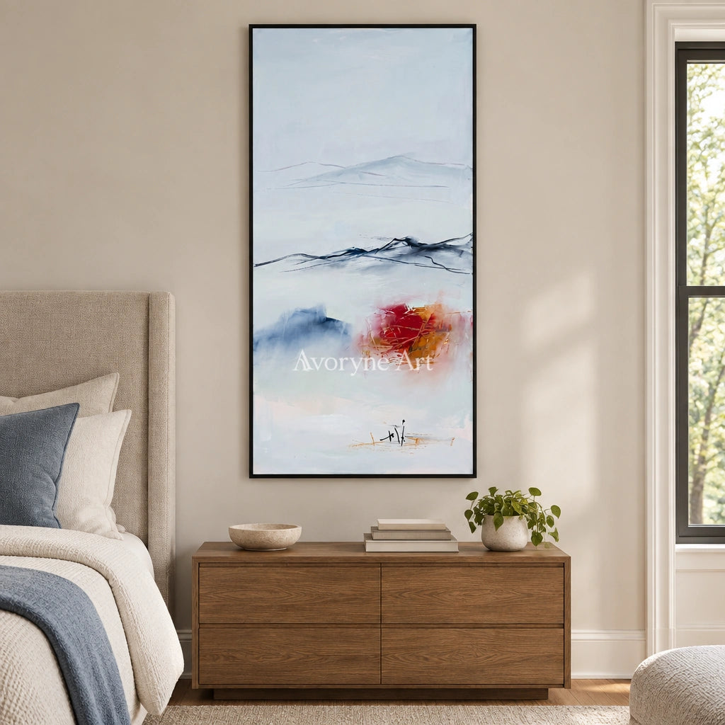 Pale Rhythm minimal landscape wall art with a black frame above a bed in a bedroom