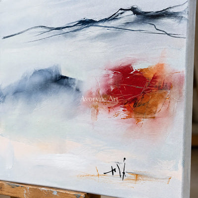 Close-up of the hand-painted texture of Pale Rhythm minimal landscape wall art on an easel