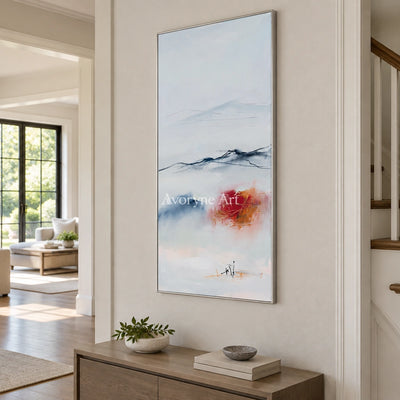 Pale Rhythm minimal landscape wall art with a silver frame in an entryway
