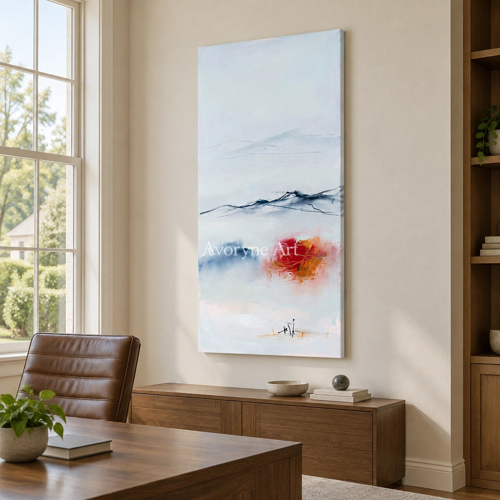 Pale Rhythm minimal landscape wall art as a frameless stretched canvas in a home office