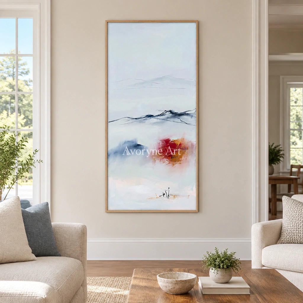 Pale Rhythm minimal landscape wall art with a wood frame in a villa living space