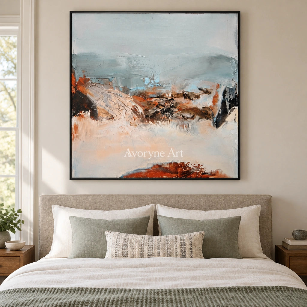 Pale Current minimal landscape wall art with a black frame above a bed in a bedroom