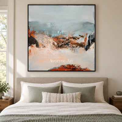 Pale Current minimal landscape wall art with a black frame above a bed in a bedroom