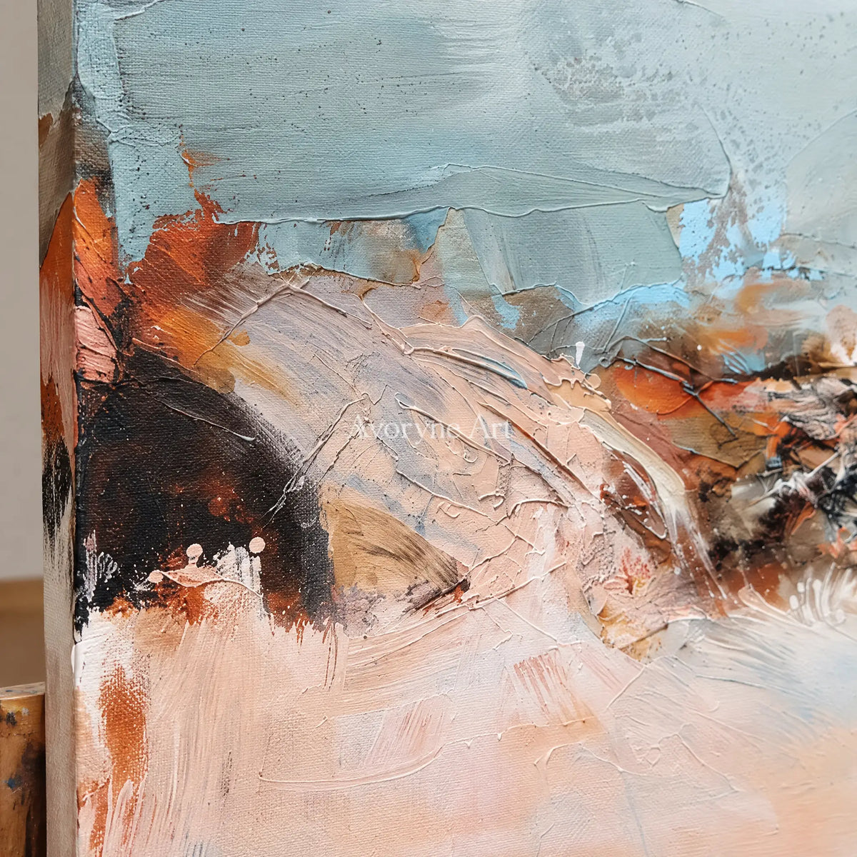 Close-up of the hand-painted texture of Pale Current minimal landscape wall art on an easel