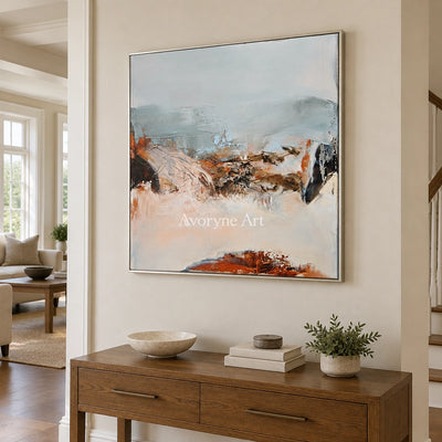 Pale Current minimal landscape wall art with a silver frame in an entryway