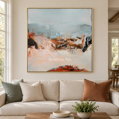 Pale Current minimal landscape wall art with a gold frame hanging in a living room