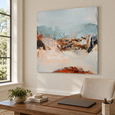 Pale Current minimal landscape wall art as a frameless stretched canvas in a home office