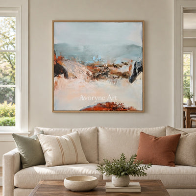 Pale Current minimal landscape wall art with a wood frame in a villa living space