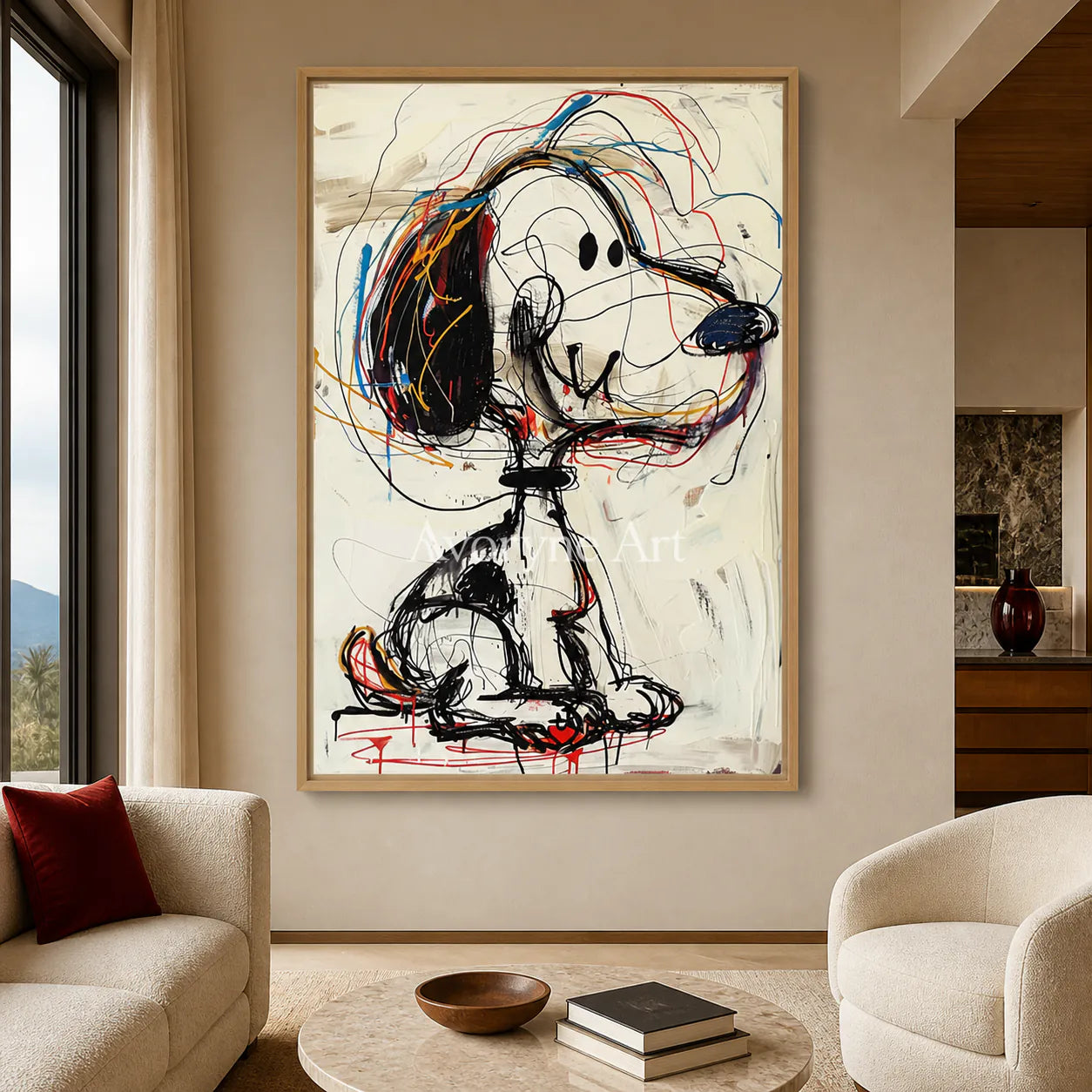 Quiet Gesture: Minimalist Beige Abstract Wall Art - hotel wood frame