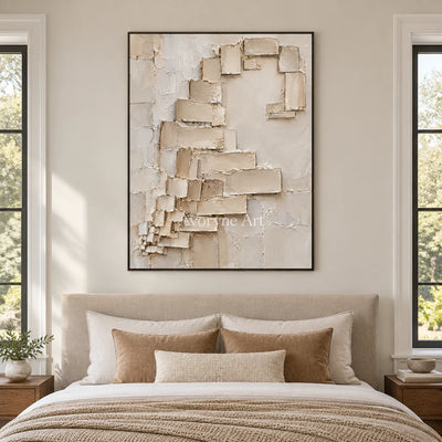 Quiet Ascent: Minimalist Beige Block Relief Wall Art — bedroom black