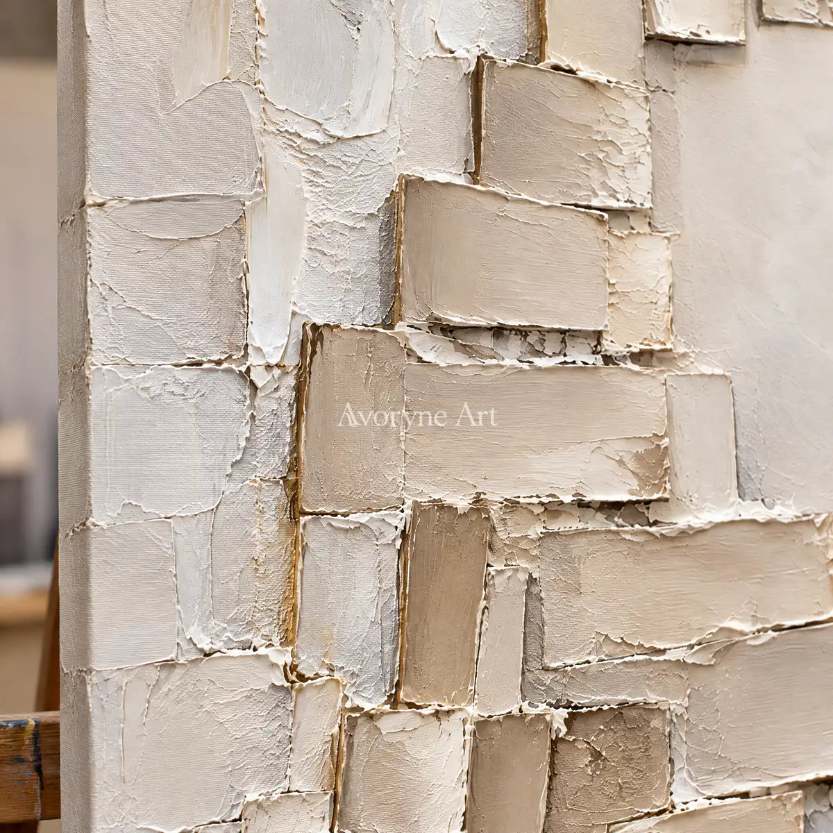 Quiet Ascent: Minimalist Beige Block Relief Wall Art — detail easel