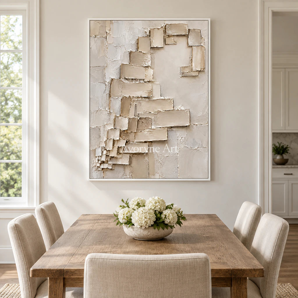 Quiet Ascent: Minimalist Beige Block Relief Wall Art — dining white