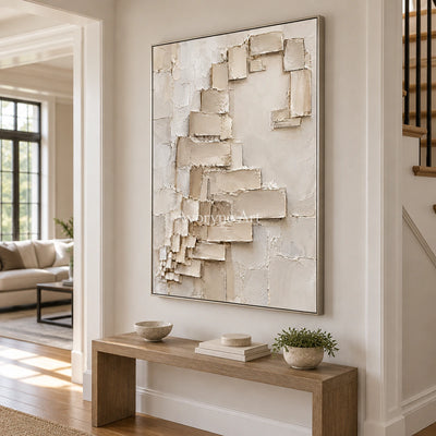 Quiet Ascent: Minimalist Beige Block Relief Wall Art — entry silver
