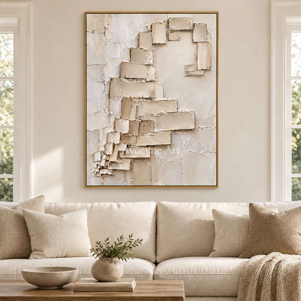 Quiet Ascent: Minimalist Beige Block Relief Wall Art — living gold