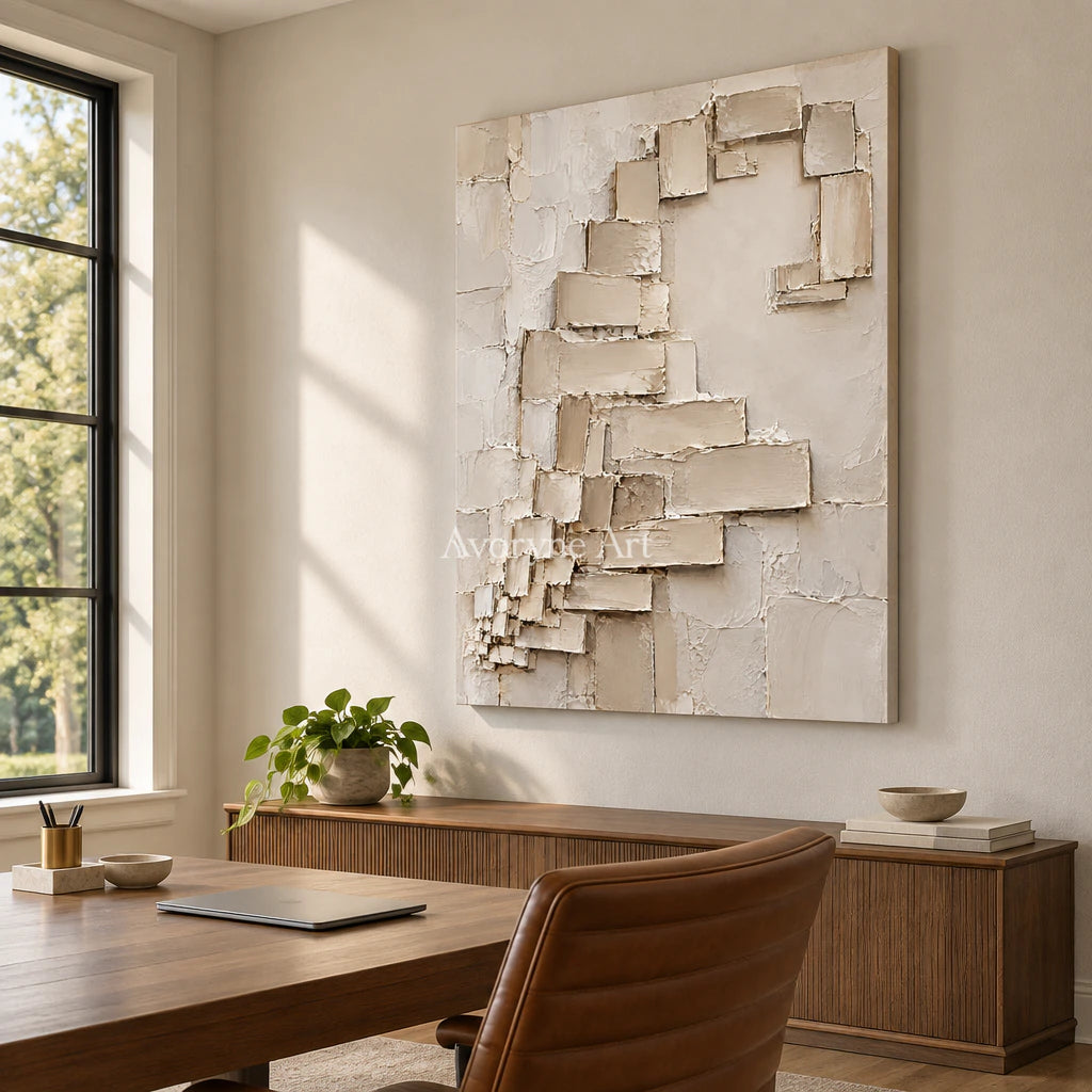 Quiet Ascent: Minimalist Beige Block Relief Wall Art — office frameless