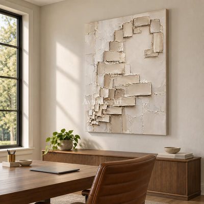 Quiet Ascent: Minimalist Beige Block Relief Wall Art — office frameless