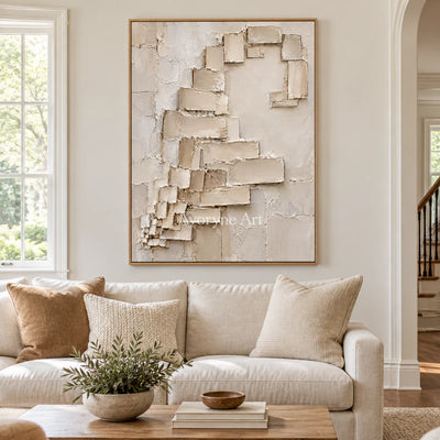 Quiet Ascent: Minimalist Beige Block Relief Wall Art — villa wood