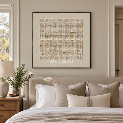 Woven Stillness: Minimalist Beige Grid Wall Art — bedroom black