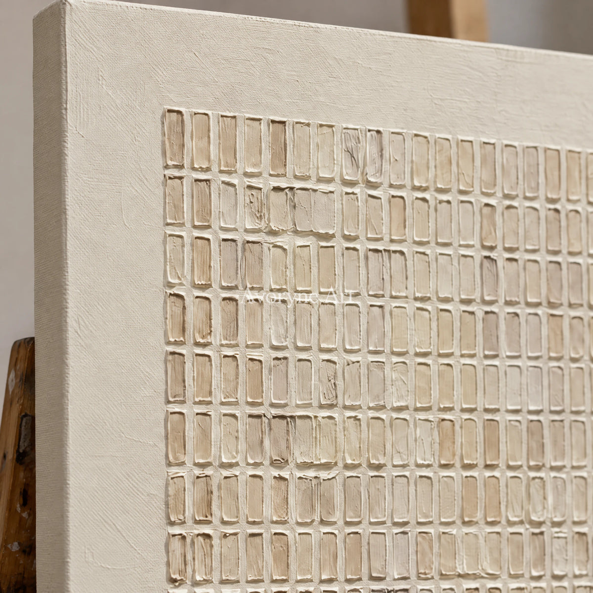 Woven Stillness: Minimalist Beige Grid Wall Art — detail easel