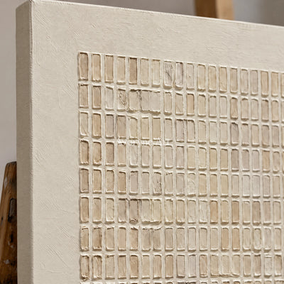 Woven Stillness: Minimalist Beige Grid Wall Art — detail easel