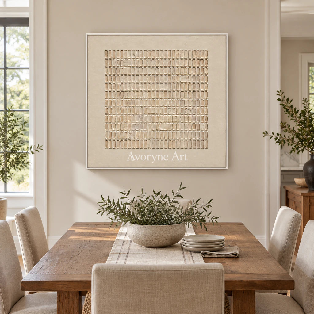 Woven Stillness: Minimalist Beige Grid Wall Art — dining white