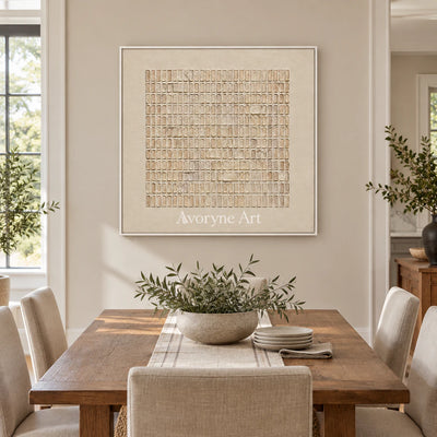 Woven Stillness: Minimalist Beige Grid Wall Art — dining white