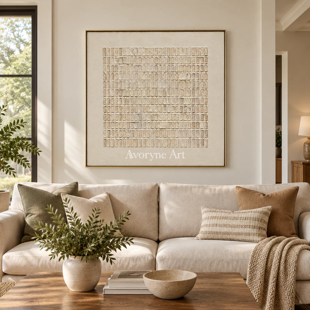 Woven Stillness: Minimalist Beige Grid Wall Art — living gold