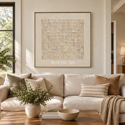 Woven Stillness: Minimalist Beige Grid Wall Art — living gold