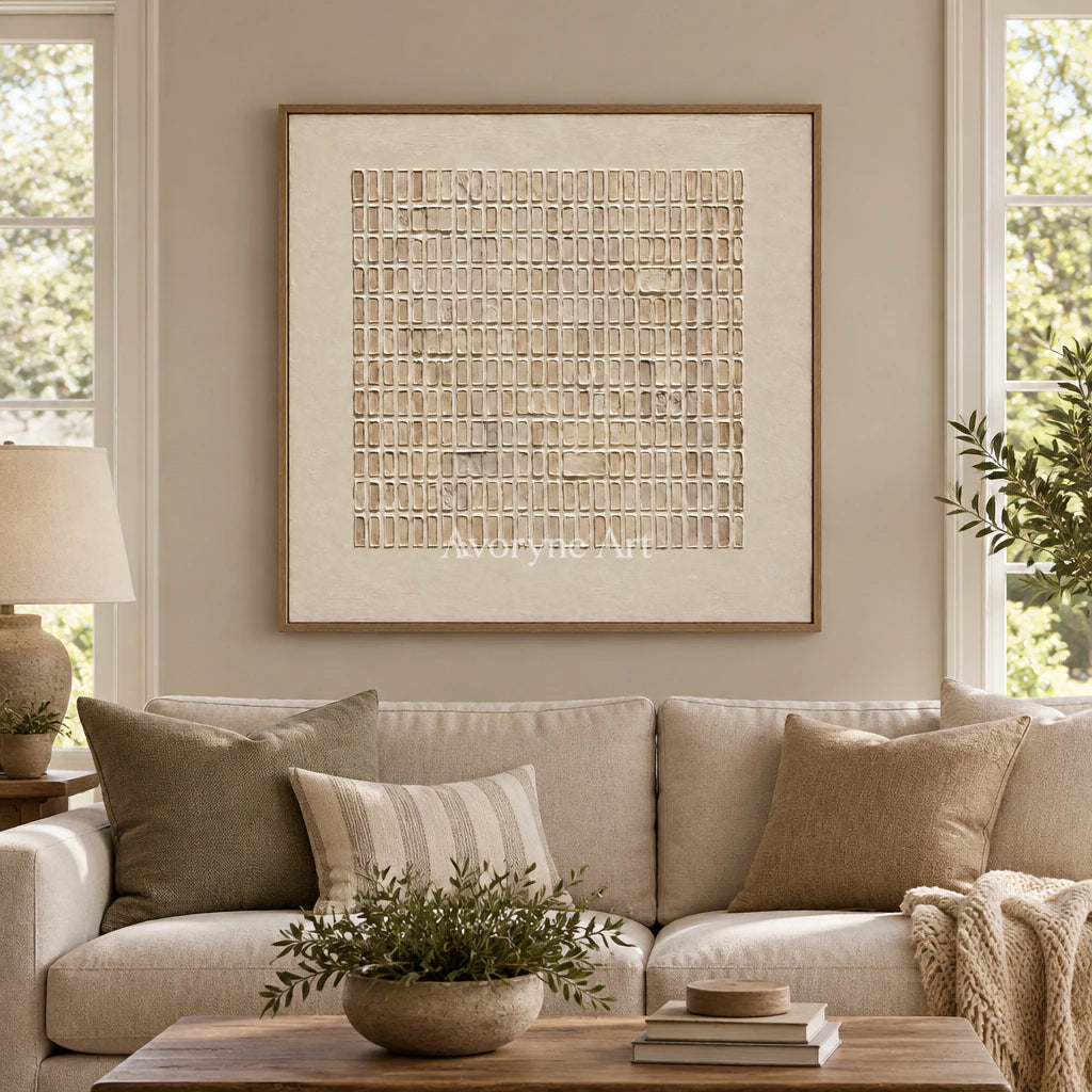 Woven Stillness: Minimalist Beige Grid Wall Art — villa wood