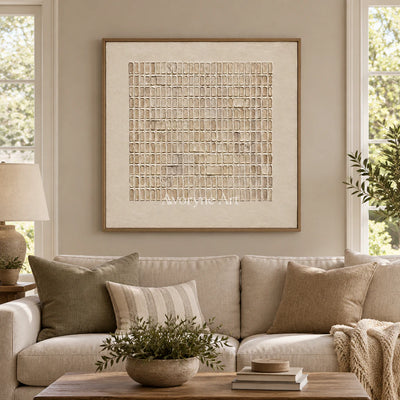 Woven Stillness: Minimalist Beige Grid Wall Art — villa wood